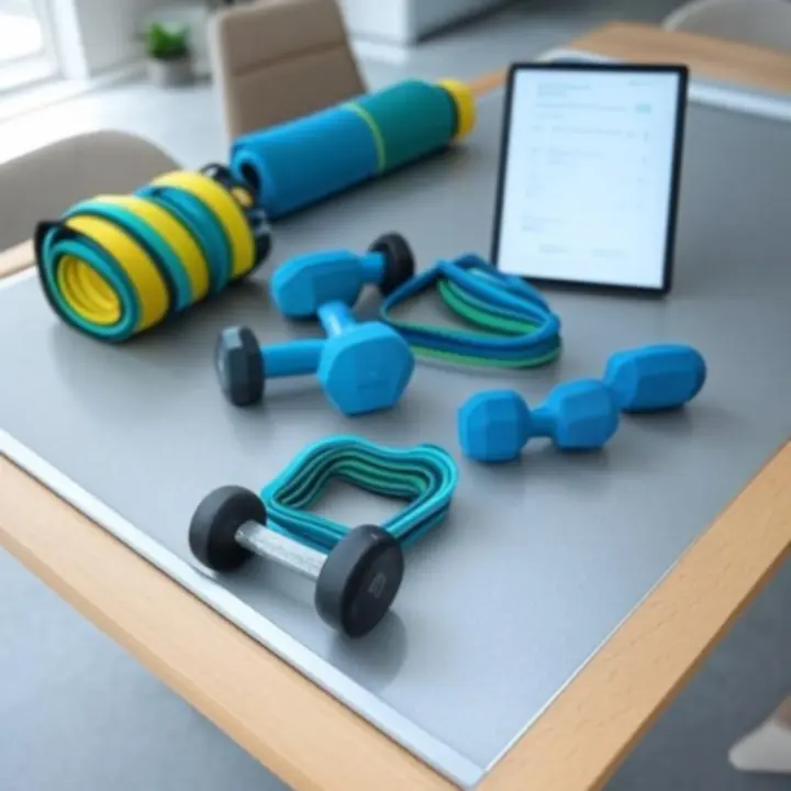 Zestaw akcesoriów fitness Fitvoryxa: mata treningowa, gumy oporowe i hantle.