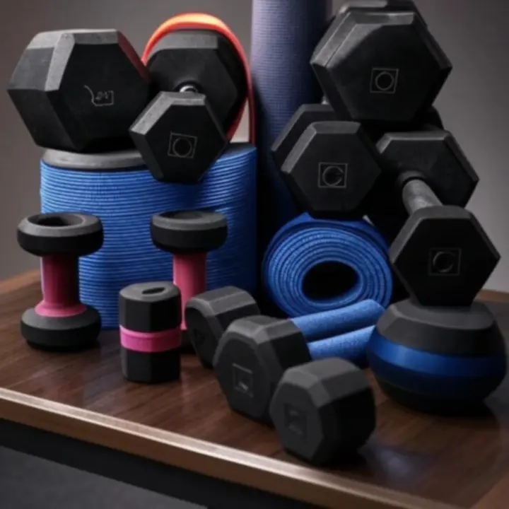 Zestaw wyróżnionych produktów fitness Fitvoryxa: hantle, mata, gumy oporowe i akcesoria do domowego treningu.