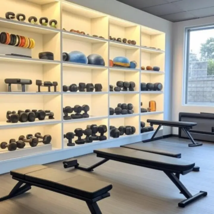 Domowa siłownia z różnymi sprzętami treningowymi